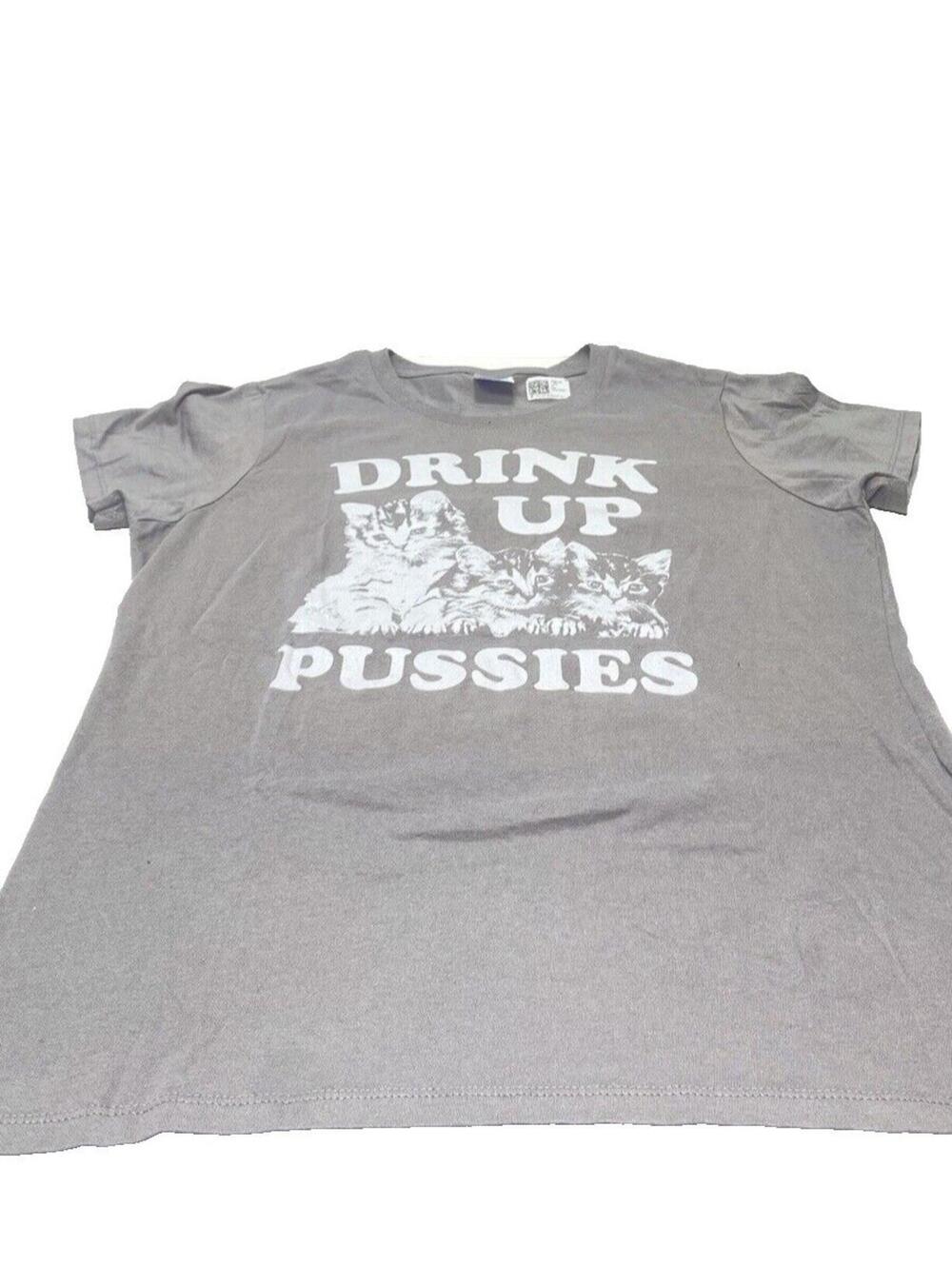 Women’s Medium “Drink Up” Funny Cat Graphic T-Shirt New Casual Top - Picture 3 of 7